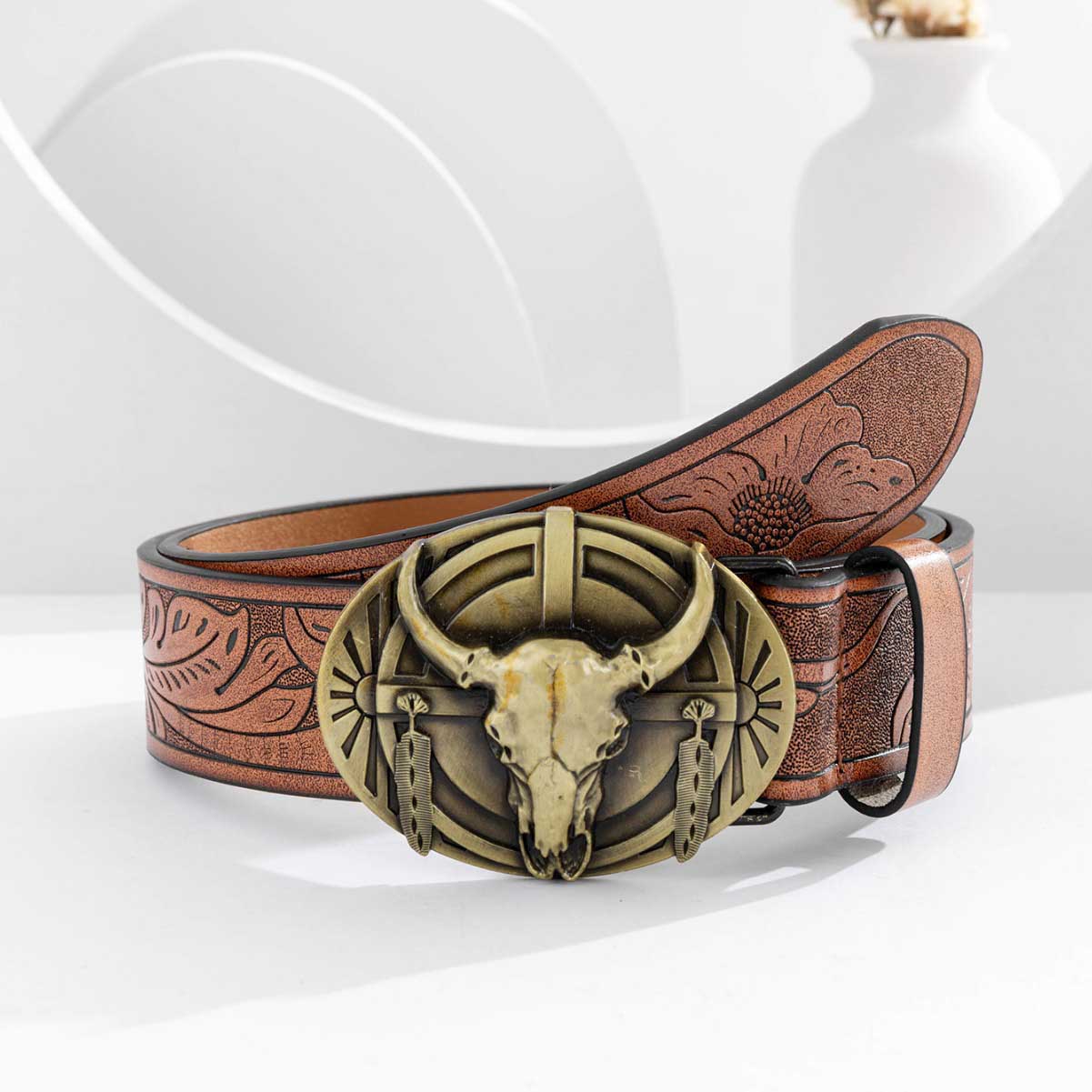 Western Cowboy Cow Head Brown Belt