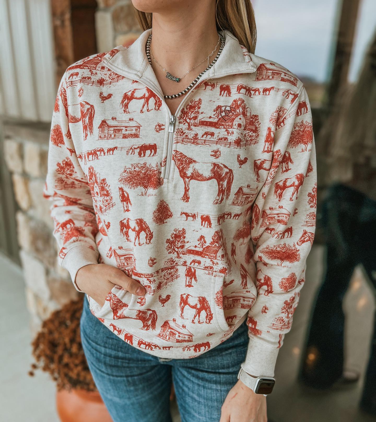 Women's Retro Western Print Zipper Collar Sweatshirt