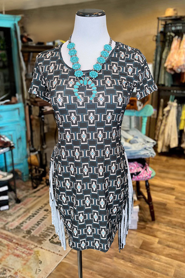 Vintage Western Aztec Print Fringe Dress