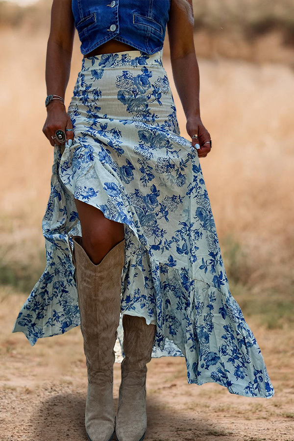 Southern Floral Print Ruffled Slit Maxi Skirt