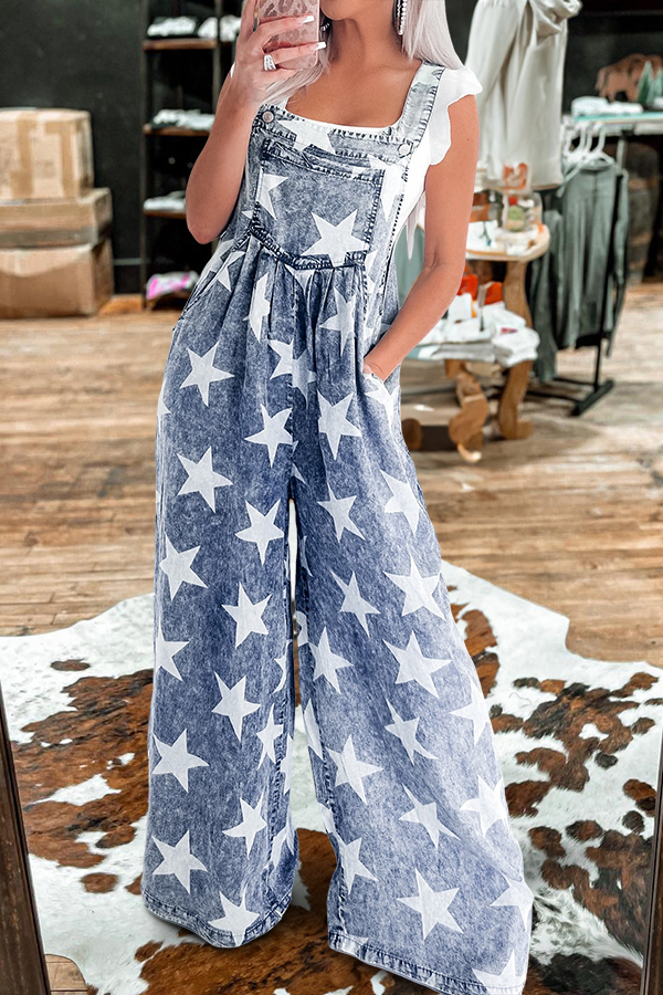 Retro Washed Stars Pattern Overalls
