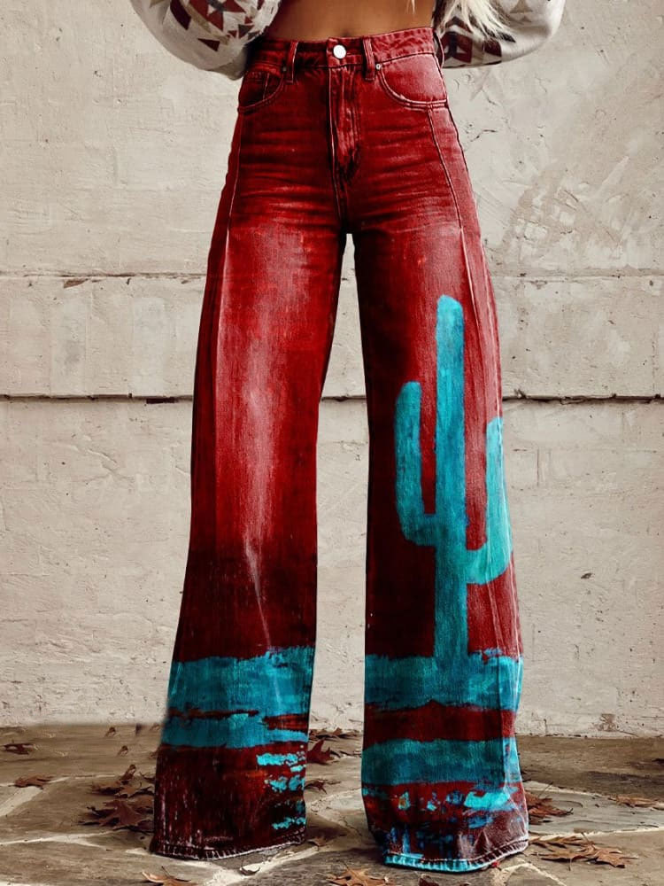 Women's Vintage Print Casual Wide Leg Pants