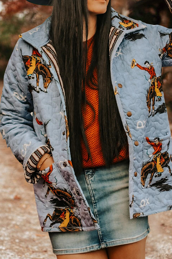 Western Rodeo Denim Print Quilted Jacket