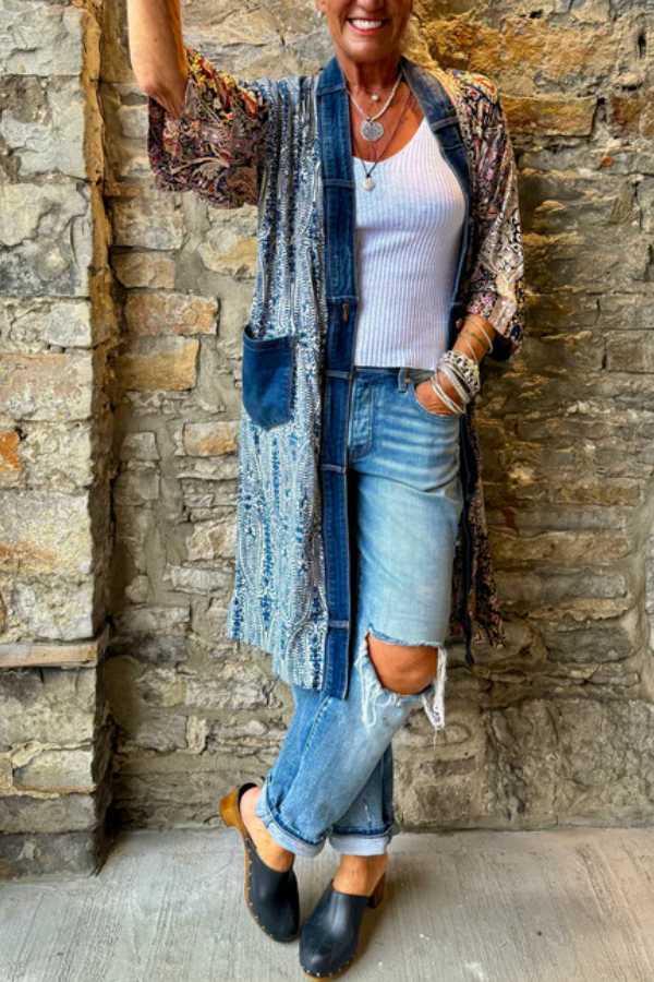 Multi Fabric and Colour Cardigan with Recycled Denim Trim