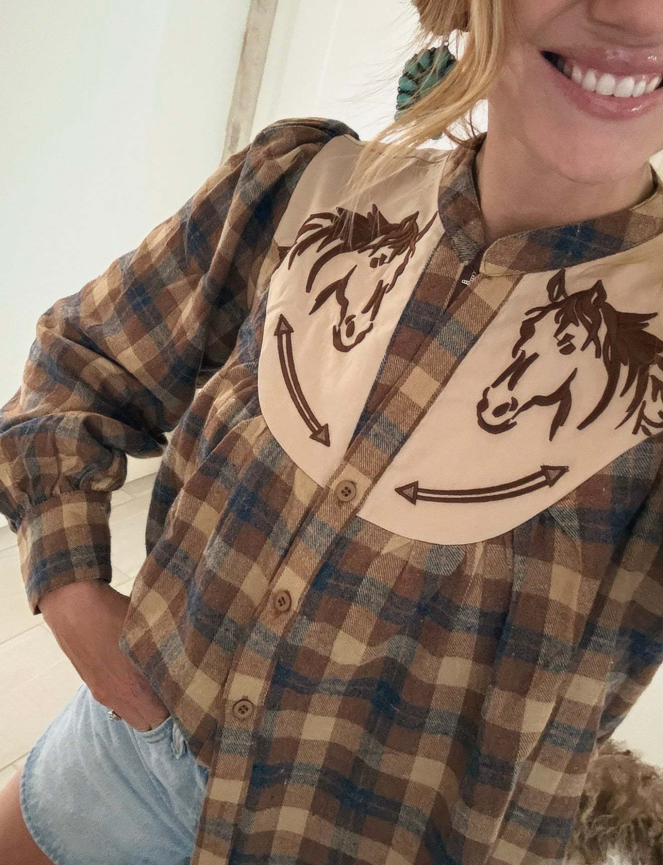Horses Of Fall Puff Plaid Blouse