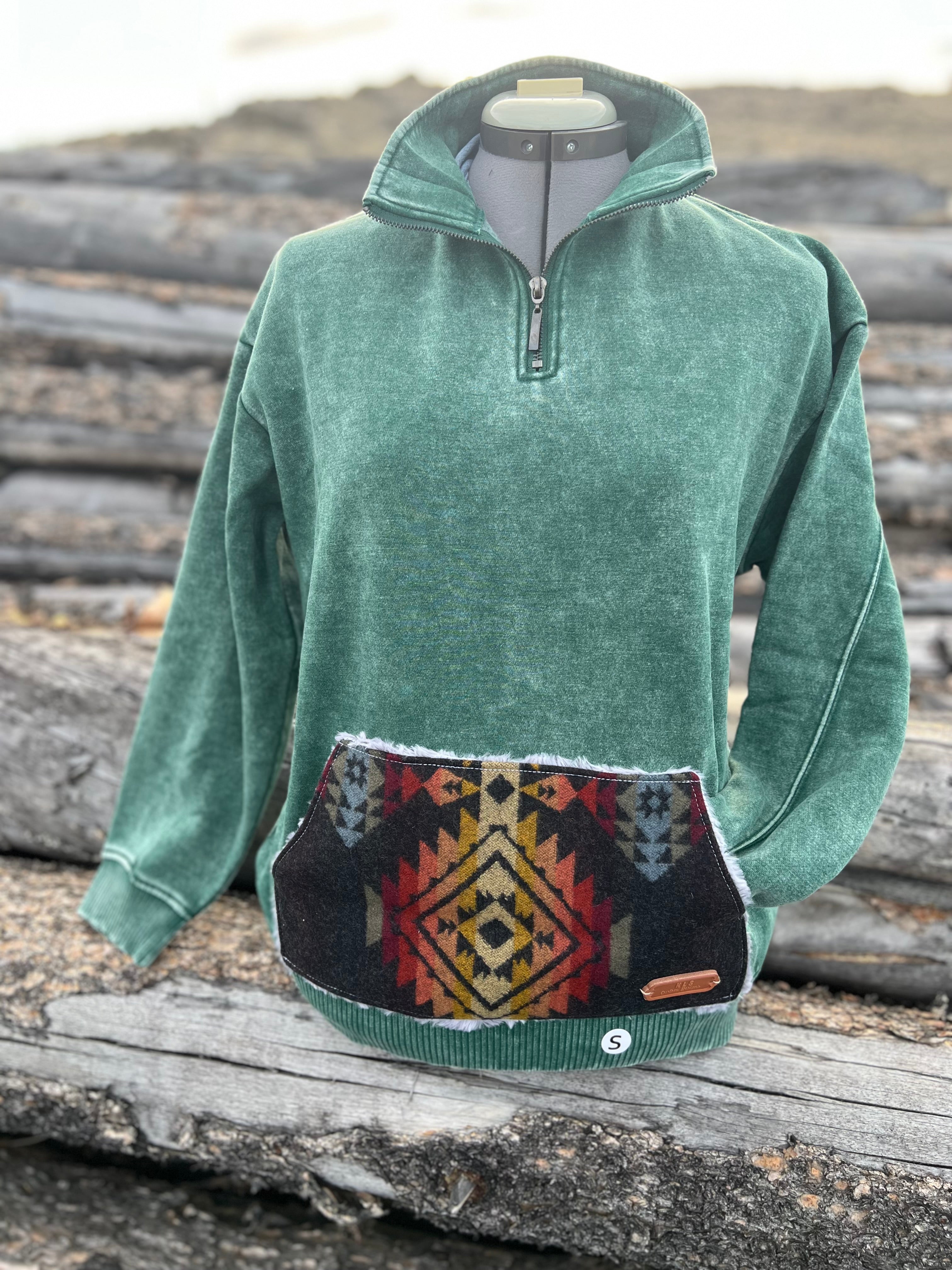Western Aztec Geometric Patchwork Pocket Quarter‑Zip Pullover Sweatshirt