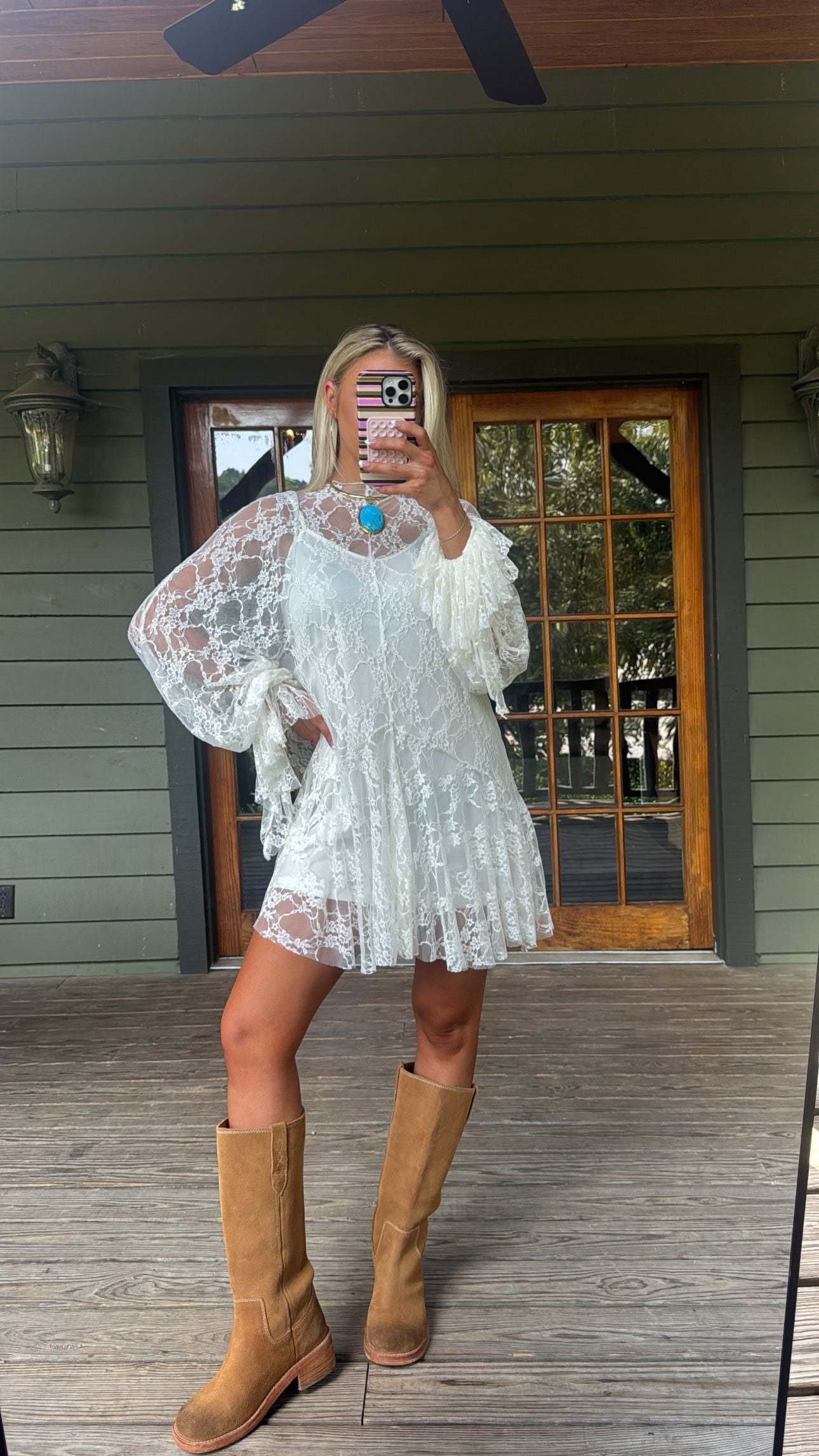 Floral Lace Layered Mini Dress-Cream