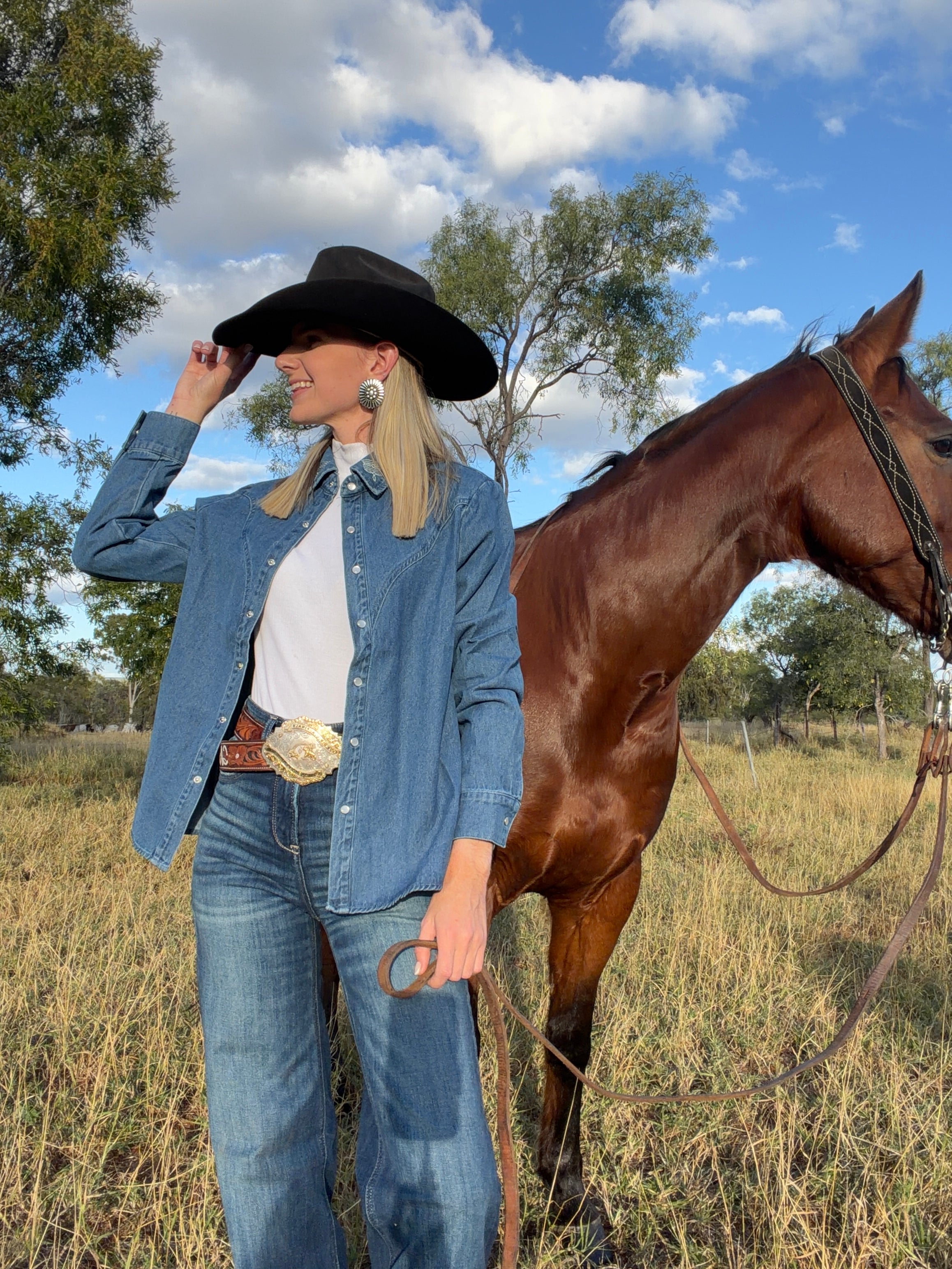 Denim Boot Stitch Pearl Snap