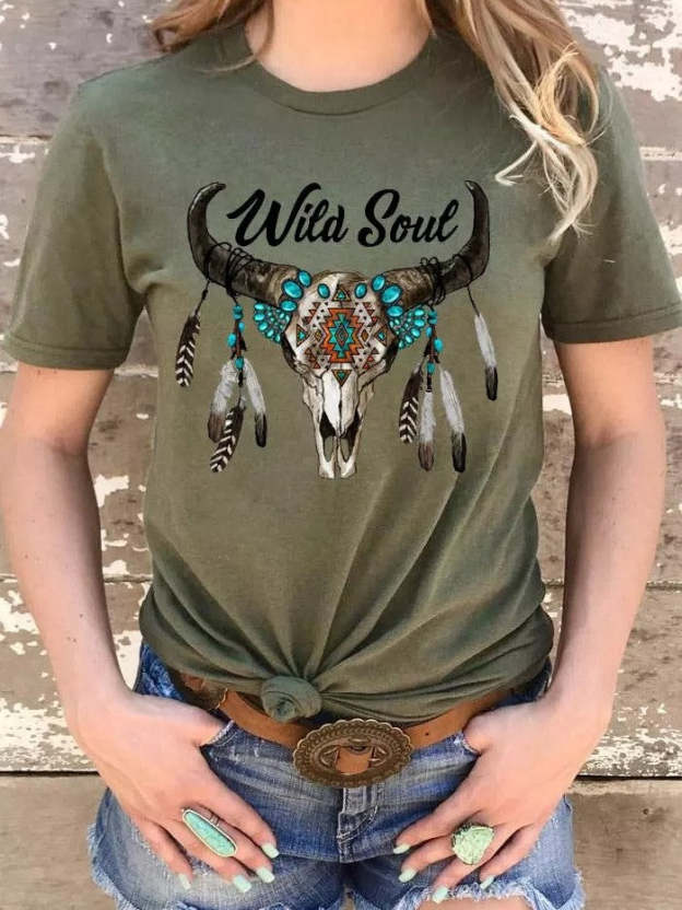 Wild Soul Steer Skull Feather Aztec Geometric T-Shir