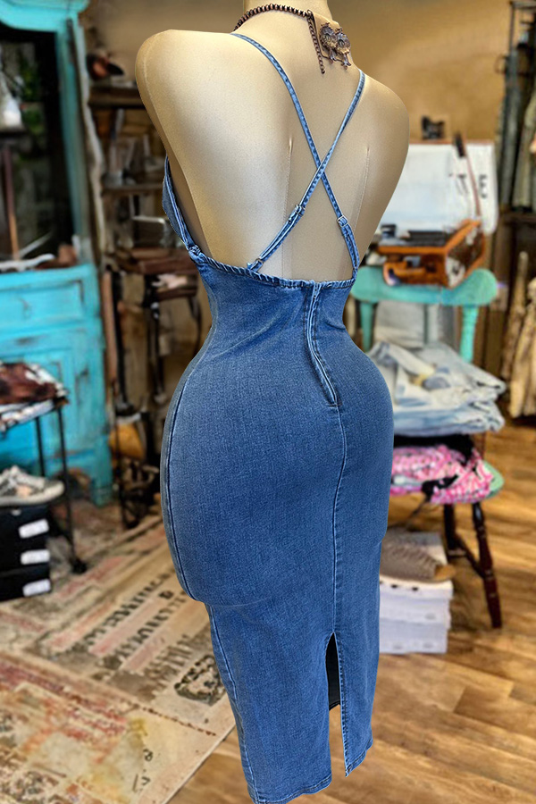 Vintage Washed Denim Heart Cross Back Dress
