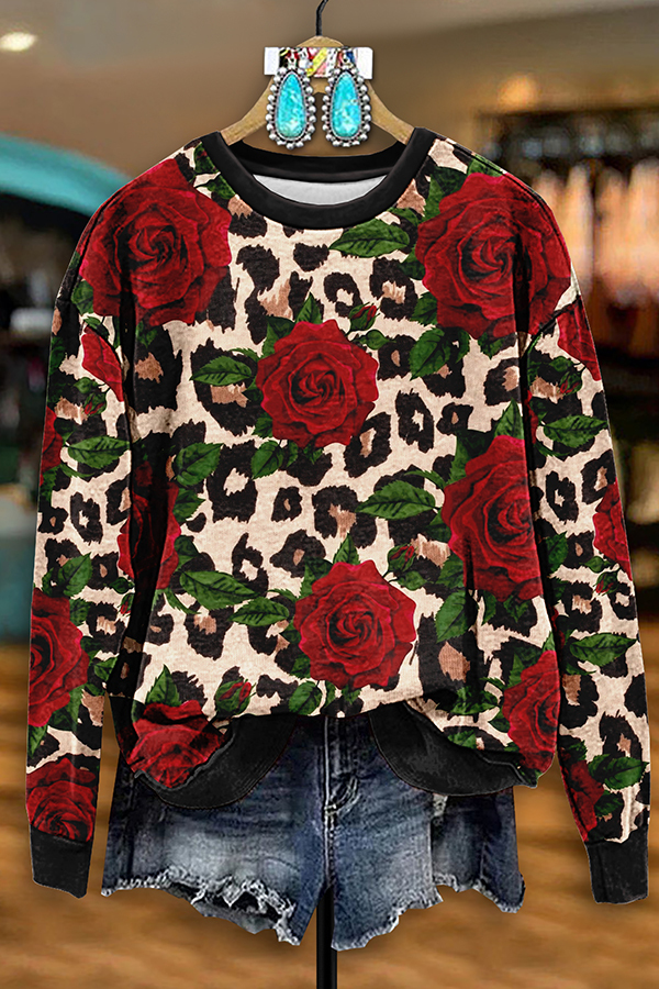 Vintage Western Leopard Rose Print Sweatshirt