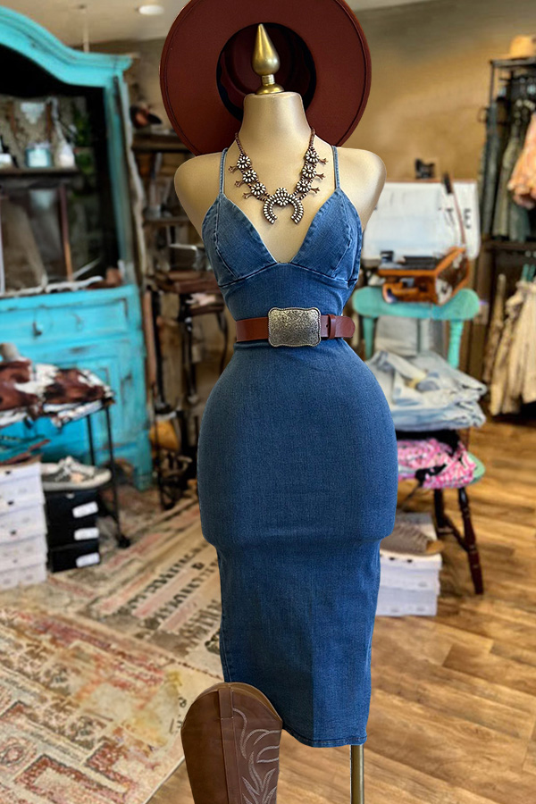 Vintage Washed Denim Heart Cross Back Dress