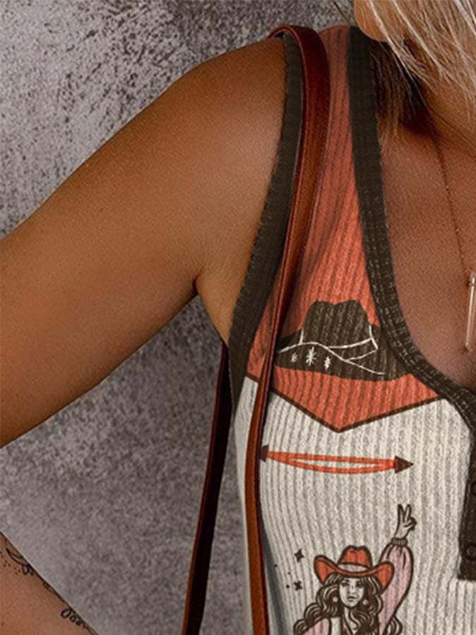 Women'S Western Vintage Cowgirl Print Casual Vest