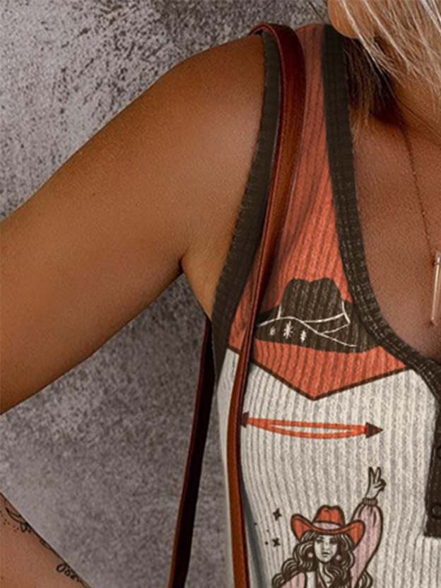 Women'S Western Vintage Cowgirl Print Casual Vest