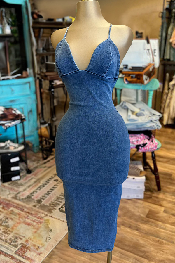 Vintage Washed Denim Heart Cross Back Dress