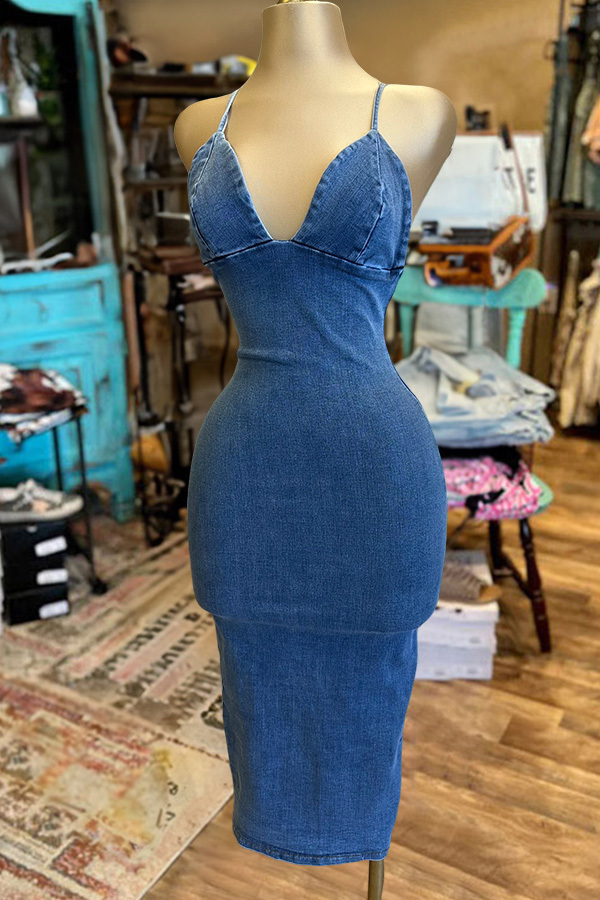 Vintage Washed Denim Heart Cross Back Dress