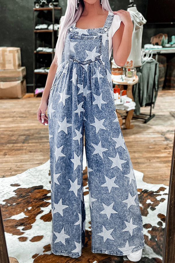 Retro Washed Stars Pattern Overalls