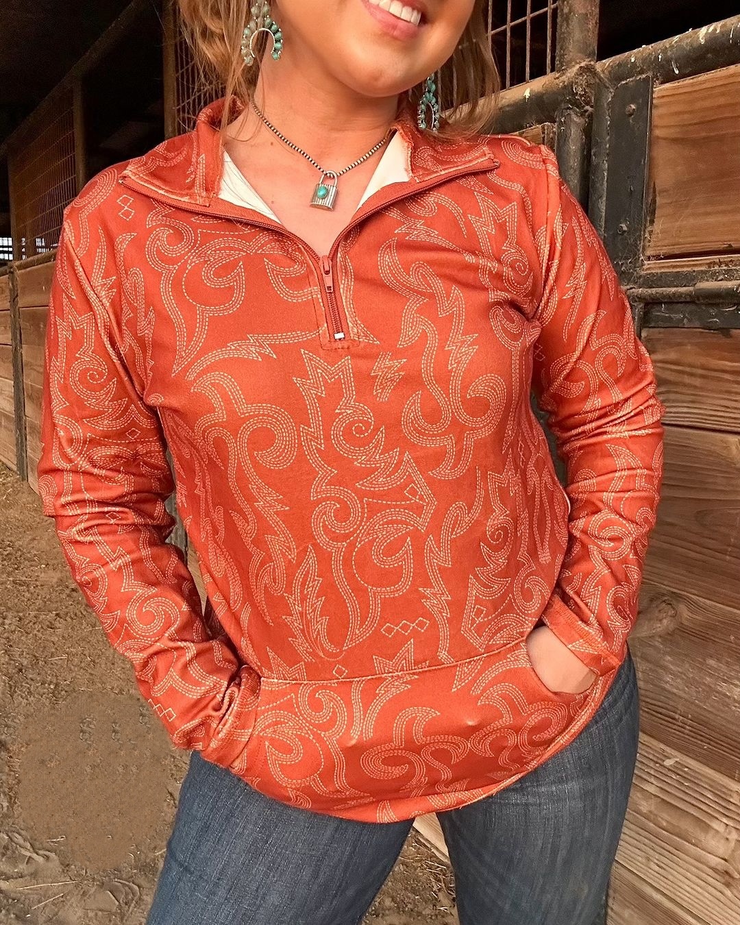 Western Print Zip-Neck Sweatshirt