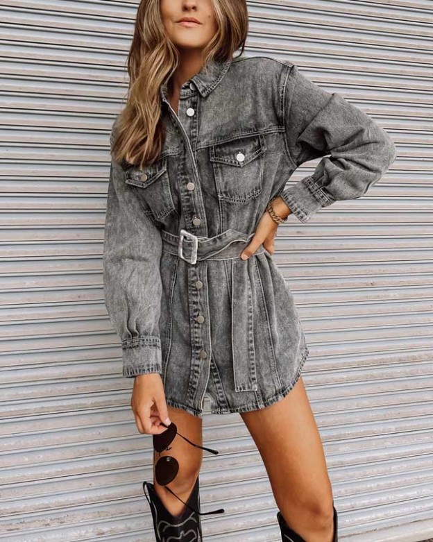 Single Breasted Waistband Pocket Slim Fit Denim Skirt