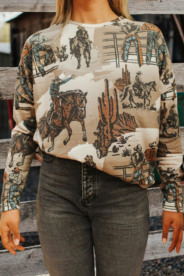 Western Print Pullover Top