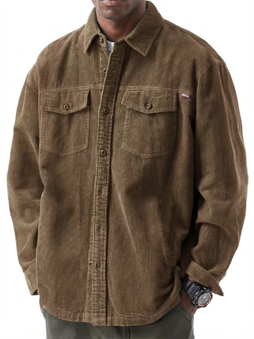 Men's Retro Casual Double Pocket Workwear Corduroy Long Sleeve Shirt