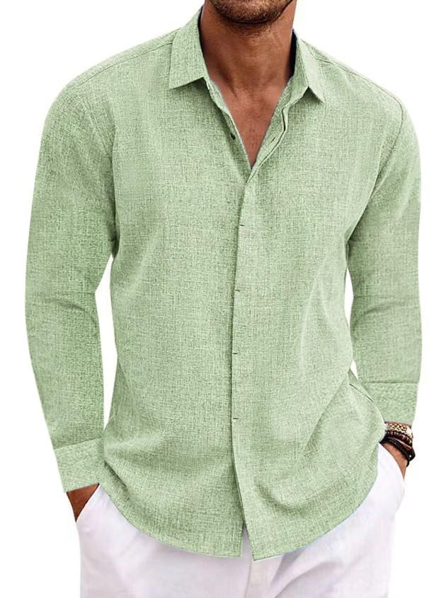 Men's Linen Solid Color Casual Loose Daily Hawaiian Long Sleeve Shirt