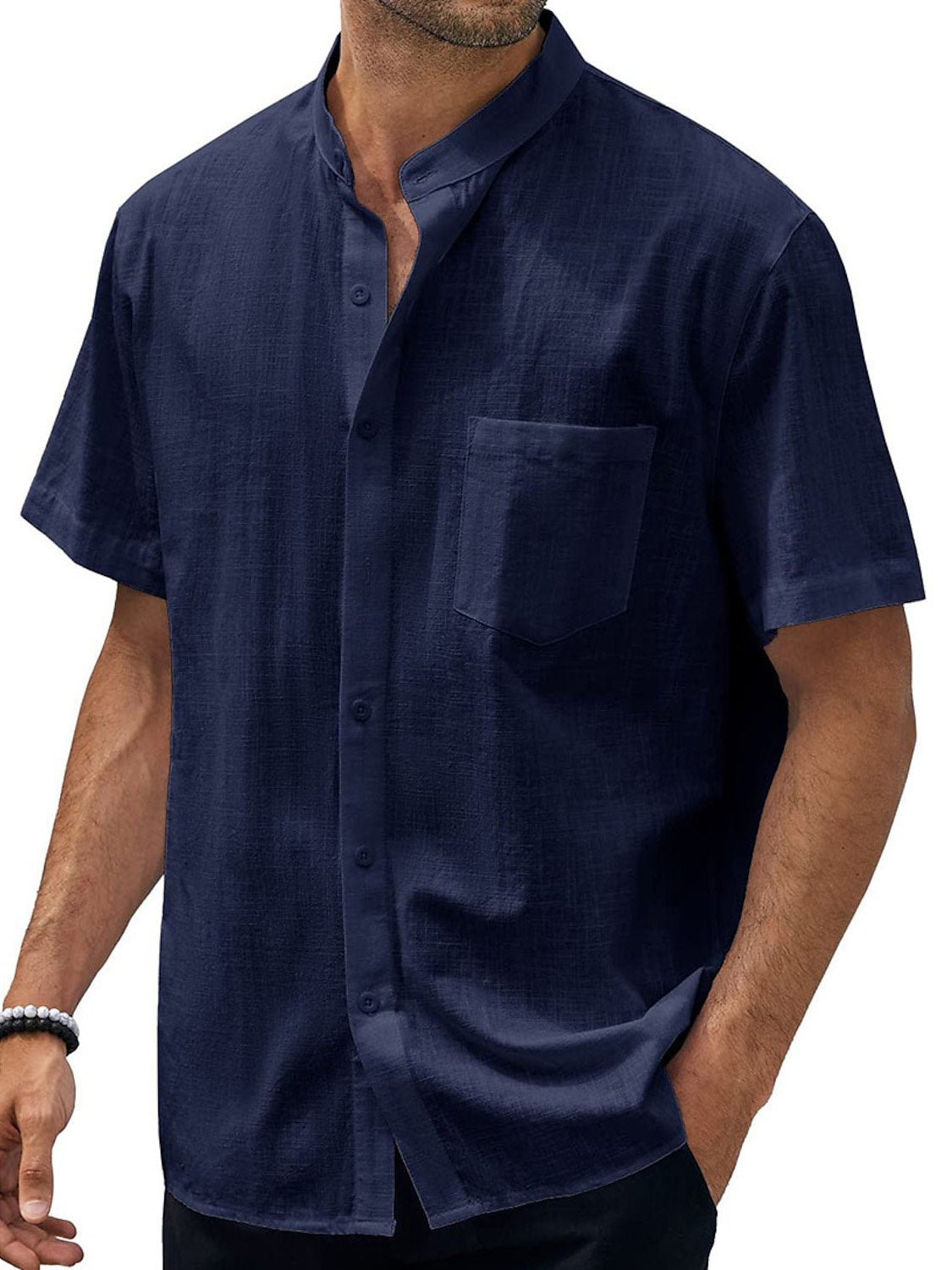 Men's Solid Color Stand Collar Pocket Cotton Linen Casual Short Sleeve Shirt