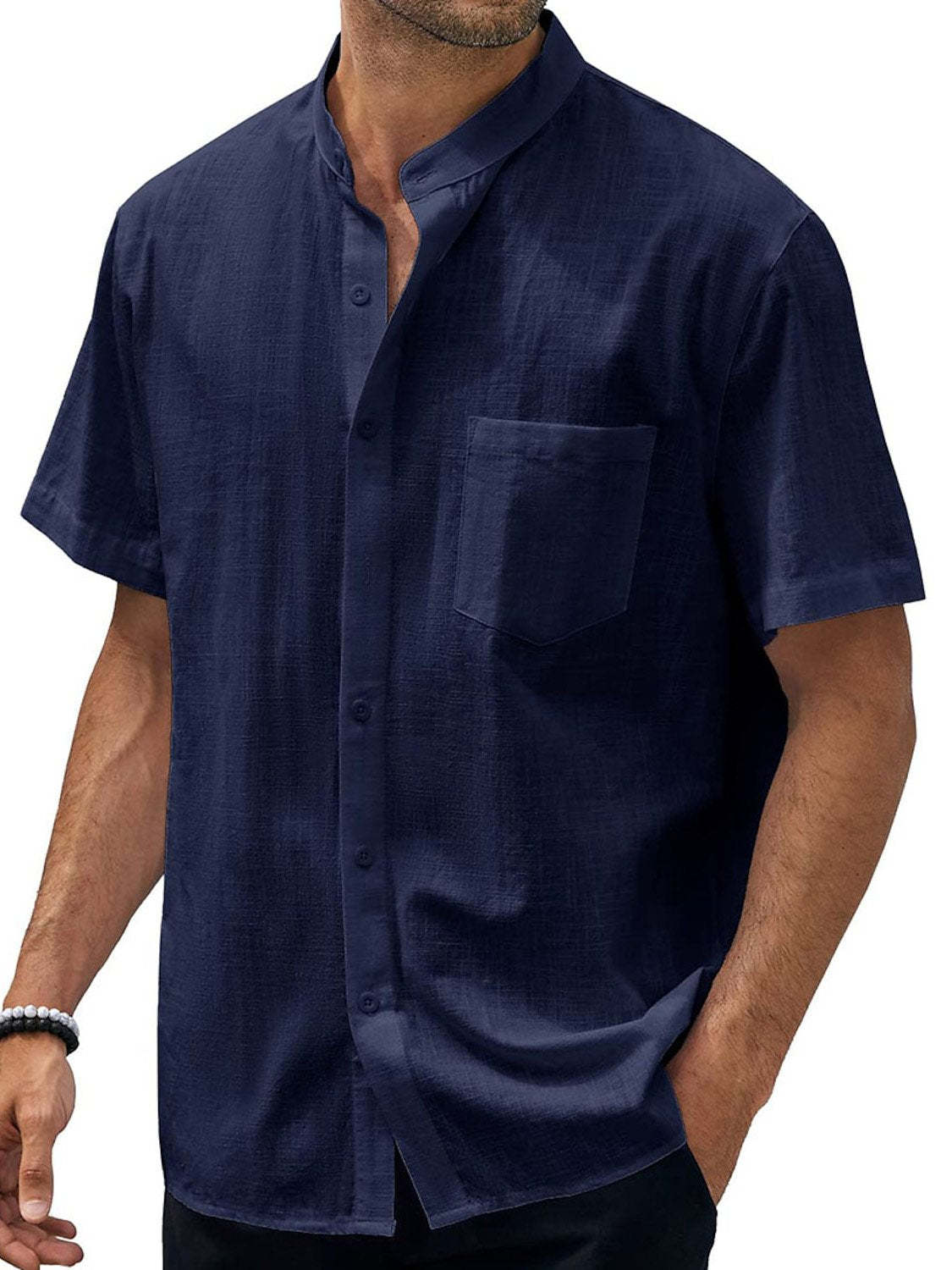 Men's Solid Color Stand Collar Pocket Cotton Linen Casual Short Sleeve Shirt