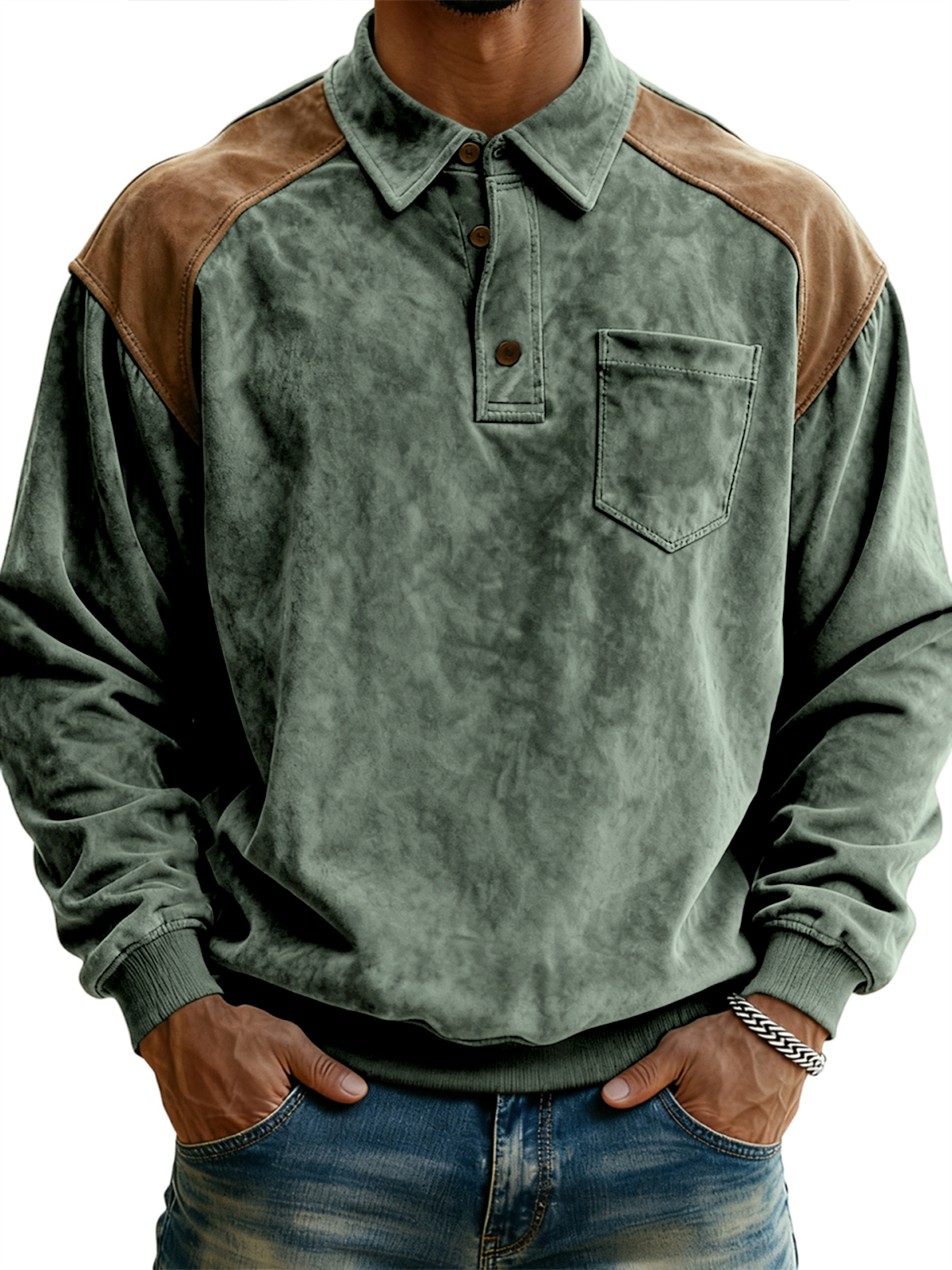 Men's Vintage Polo Sweatshirt with Contrast Suede Shoulders