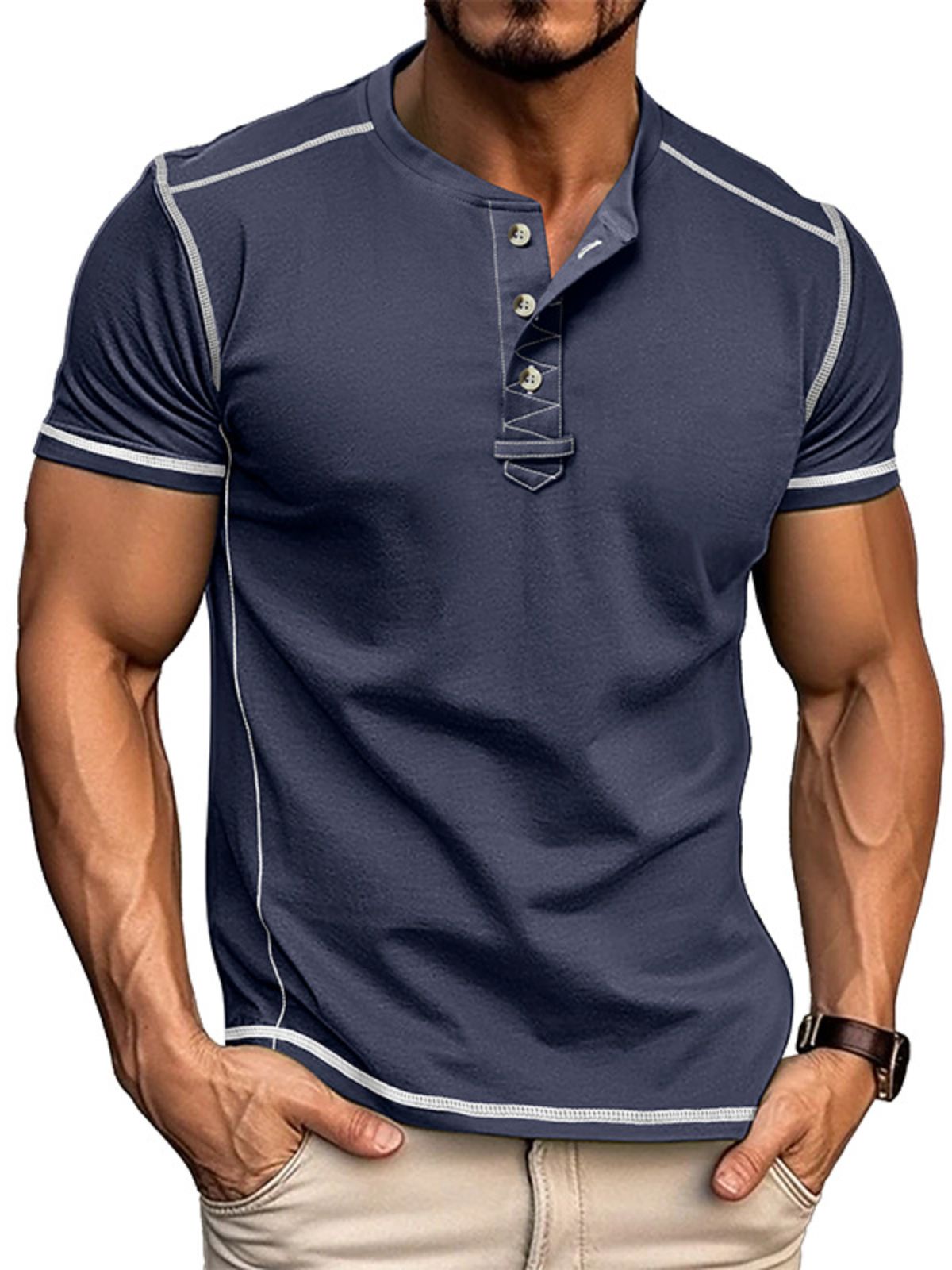 Men's Stylish Top-stitching Design Henley Cotton Crew Neck Top