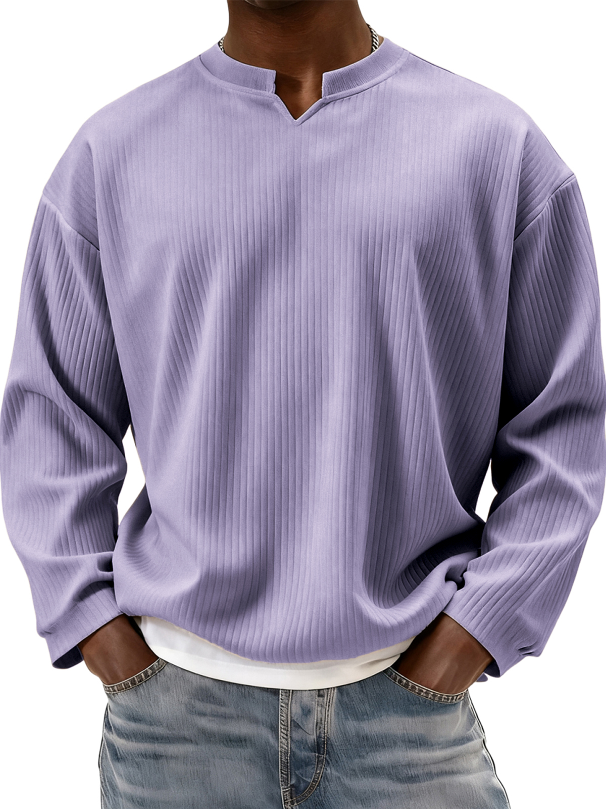 Stylish V-notch Neck Ribbed Textured Long-sleeved T-shirt
