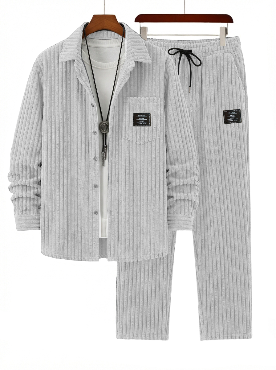 Men's Retro Corduroy Striped Shirt and Pants Set OOTD