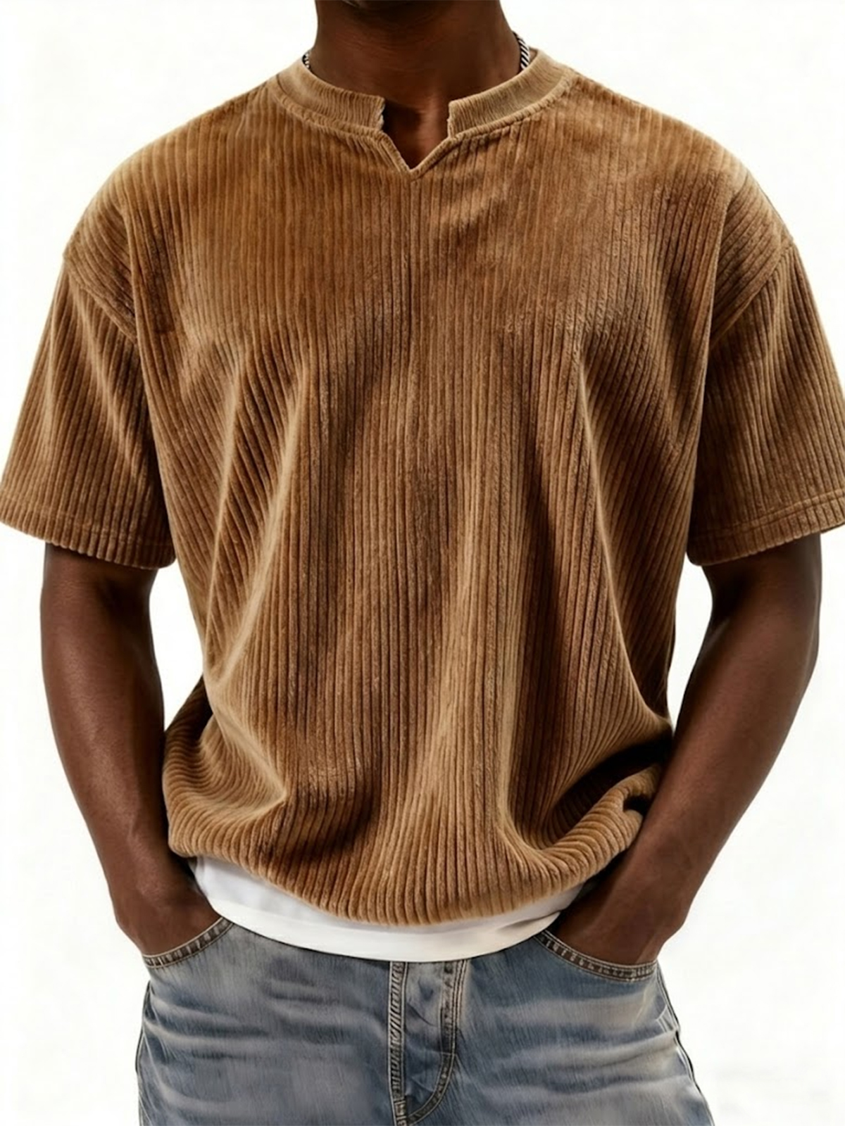 Retro Ribbed V-neck Casual Short-sleeved Top