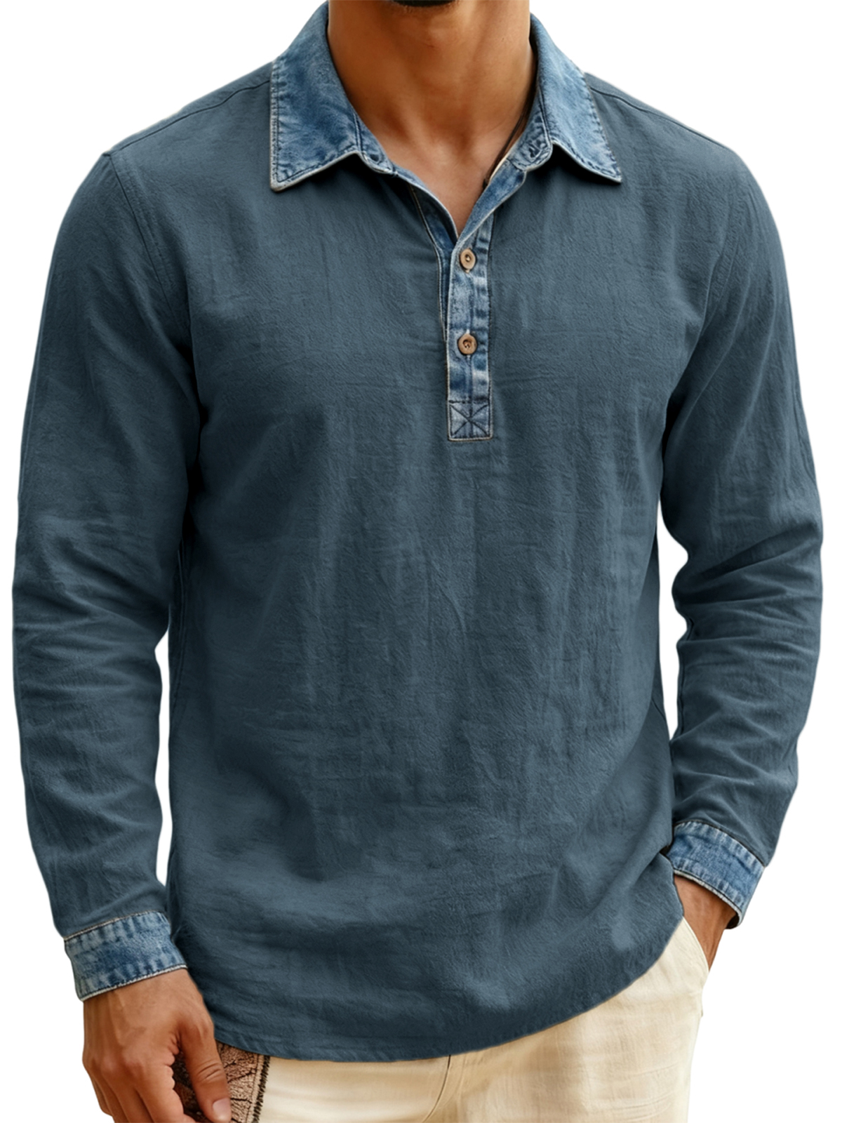 Men's Vintage Breathable Linen Denim Color-blocked Pullover Polo Shirt