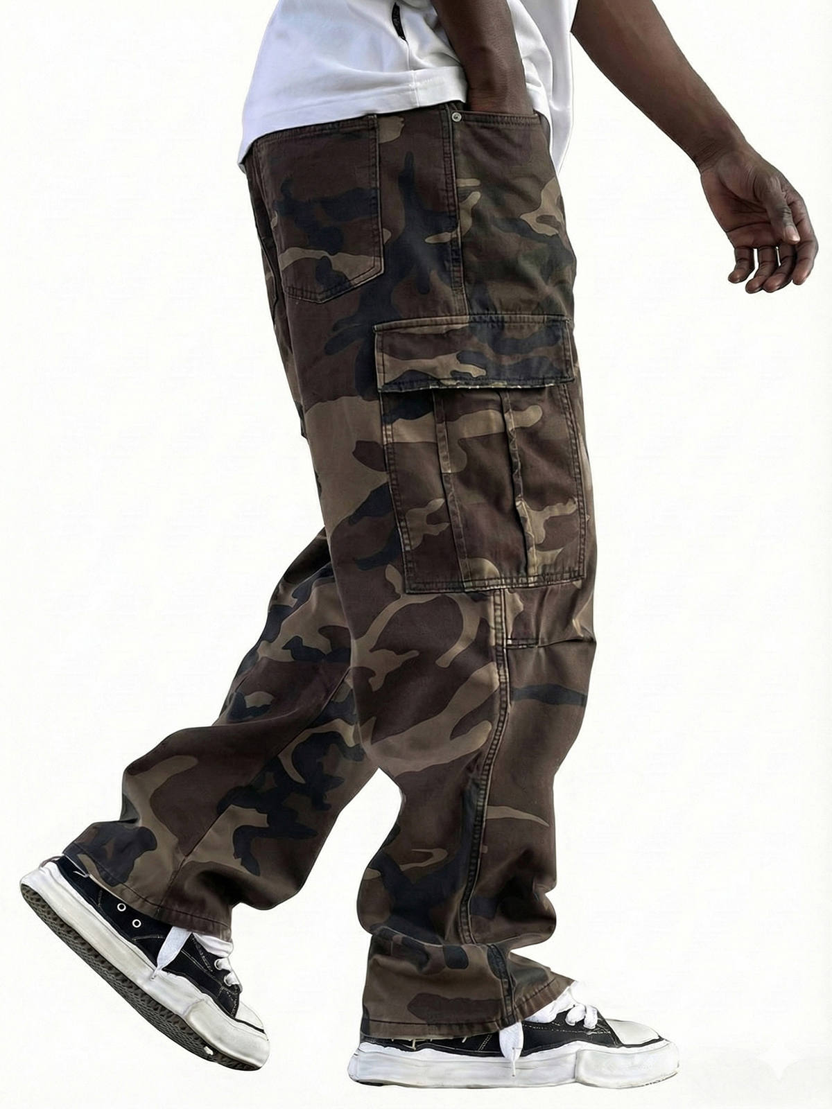 Men's Vintage Workwear Irregular Camouflage Pattern Multi-pocket Wide-leg Trousers