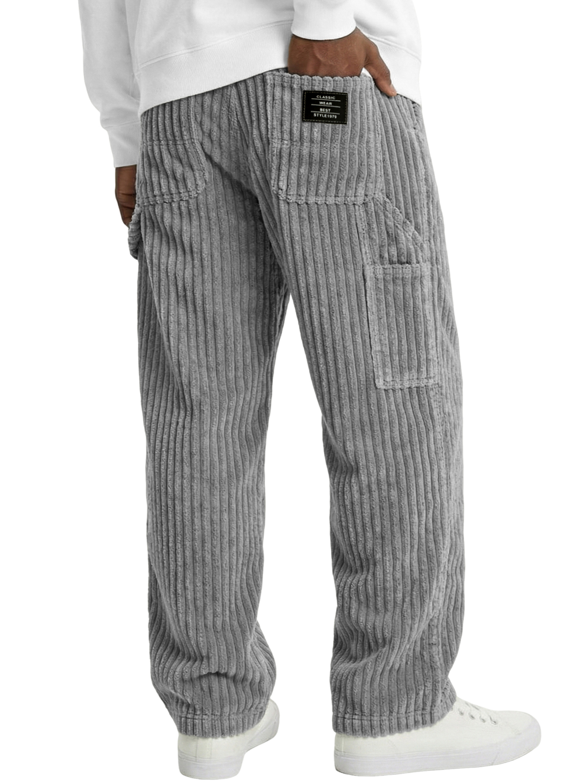 Men's Vintage Practical Corduroy Trousers with Multiple Pockets and Embroidered Label