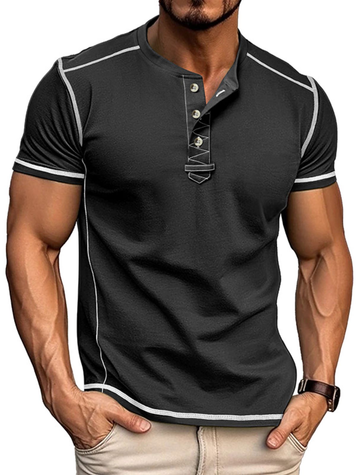 Men's Stylish Top-stitching Design Henley Cotton Crew Neck Top
