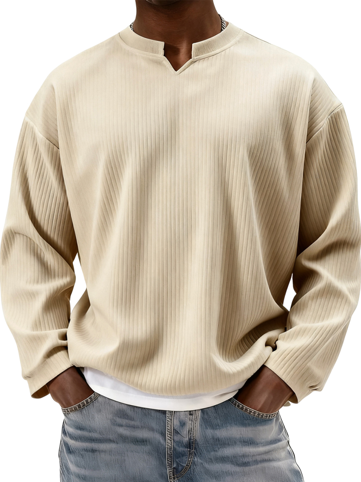 Stylish V-notch Neck Ribbed Textured Long-sleeved T-shirt