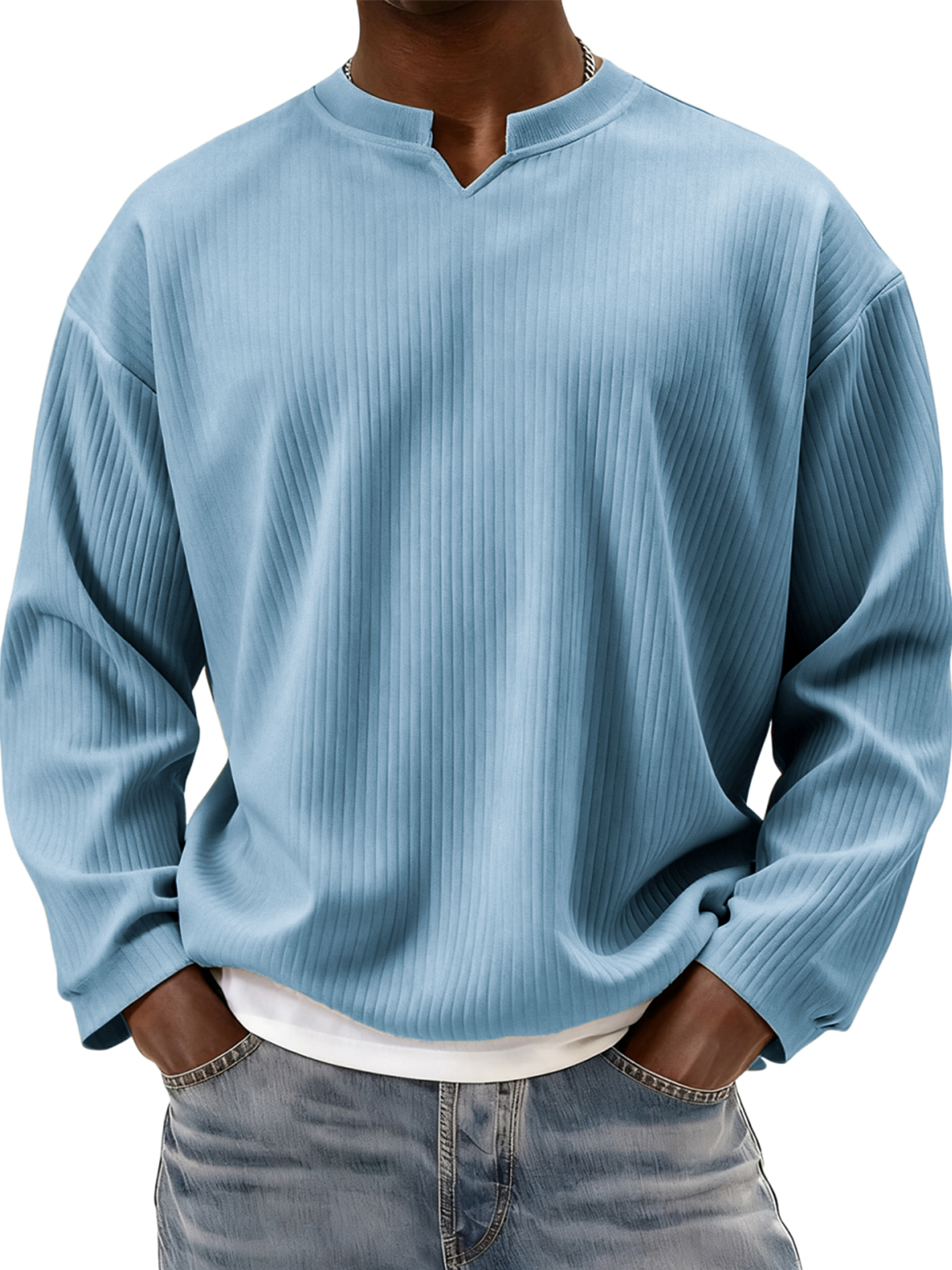 Stylish V-notch Neck Ribbed Textured Long-sleeved T-shirt