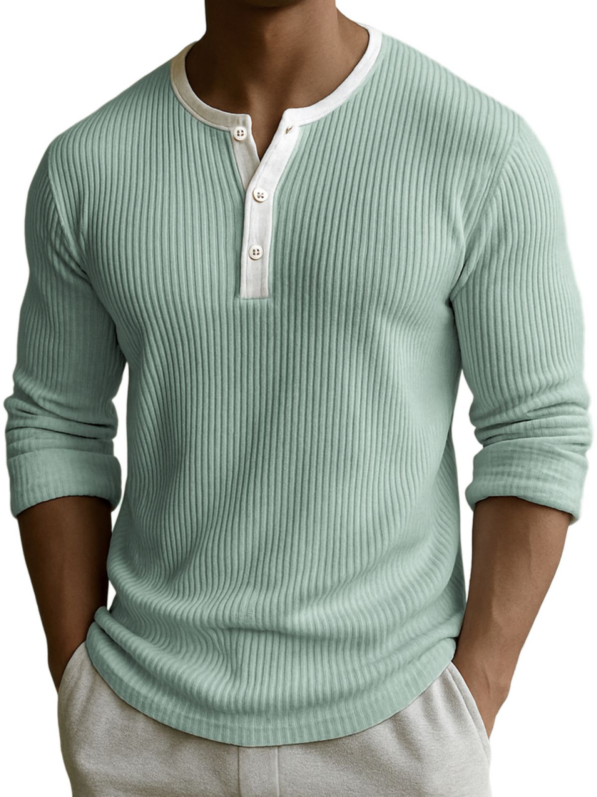Men's Comfort Ribbed Texture Color-block Fittness Stylish Daily Henley Shirt
