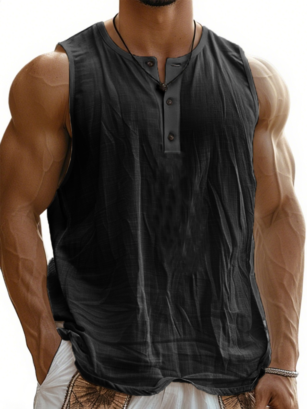 Men's Sleeveless Linen Bohemian Vest Henley T-Shirt