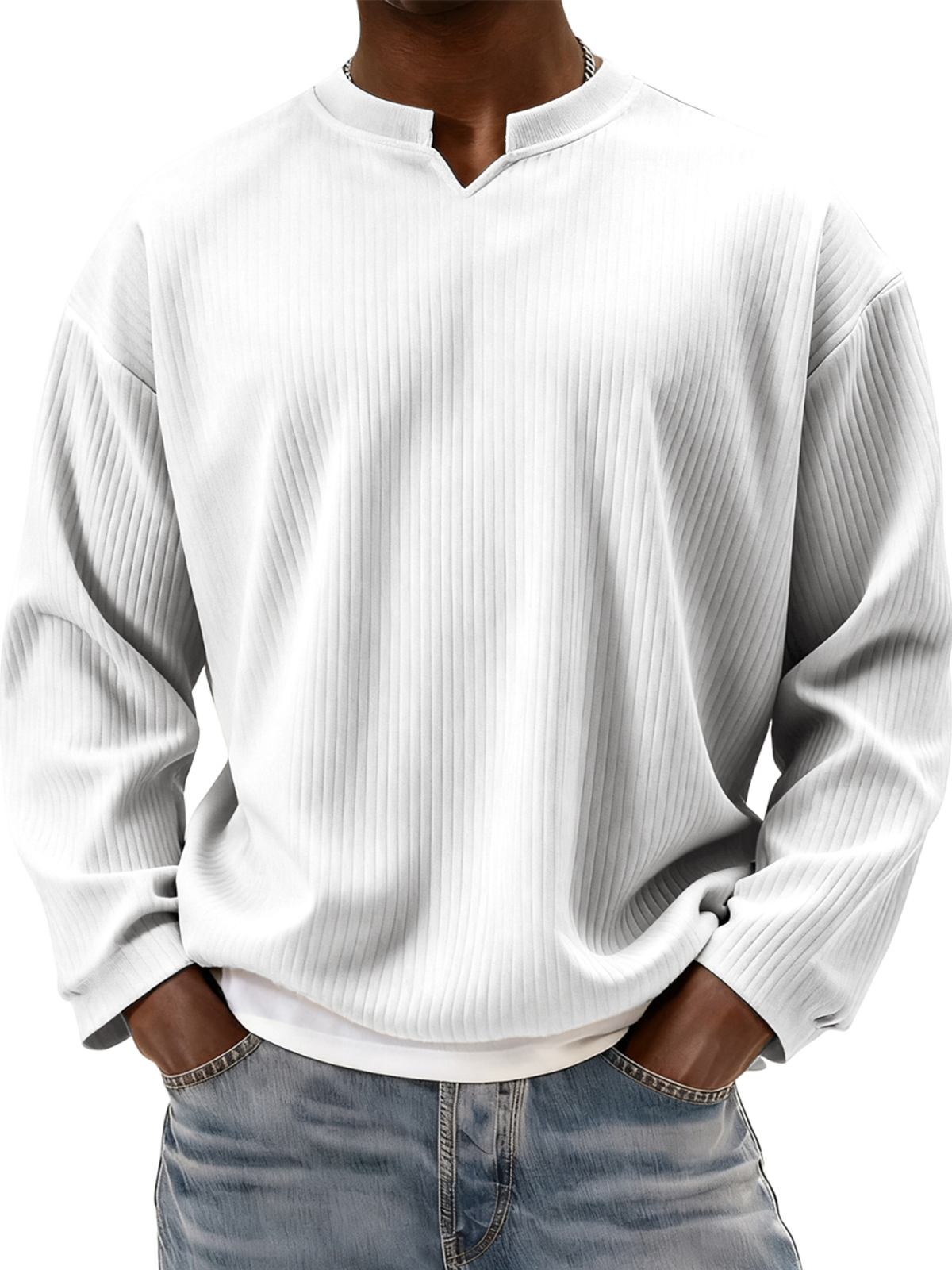 Stylish V-notch Neck Ribbed Textured Long-sleeved T-shirt