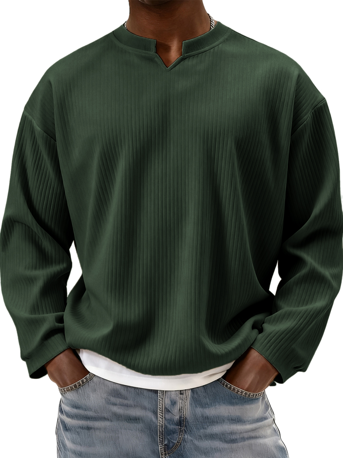 Stylish V-notch Neck Ribbed Textured Long-sleeved T-shirt