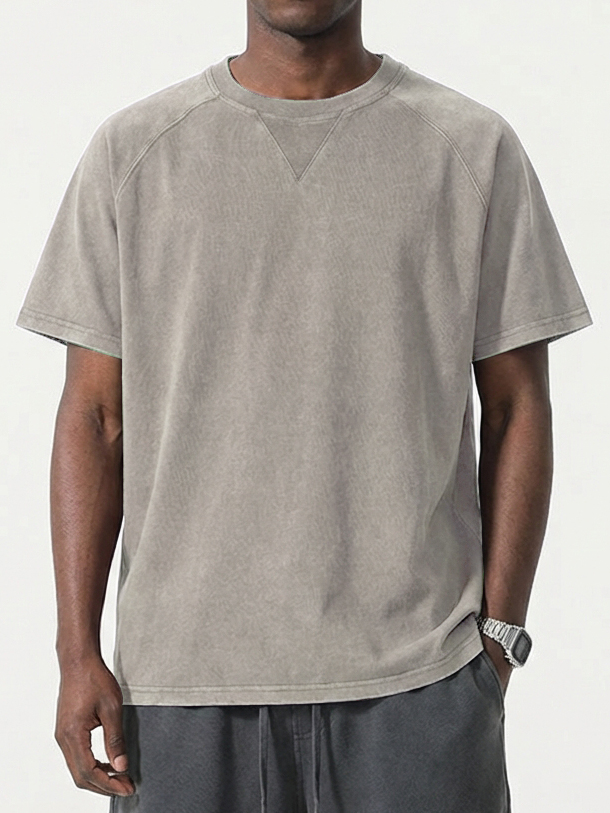 Men's Washed Distressed Triangle Raglan Sleeve Short-Sleeve Crew Neck T-Shirt