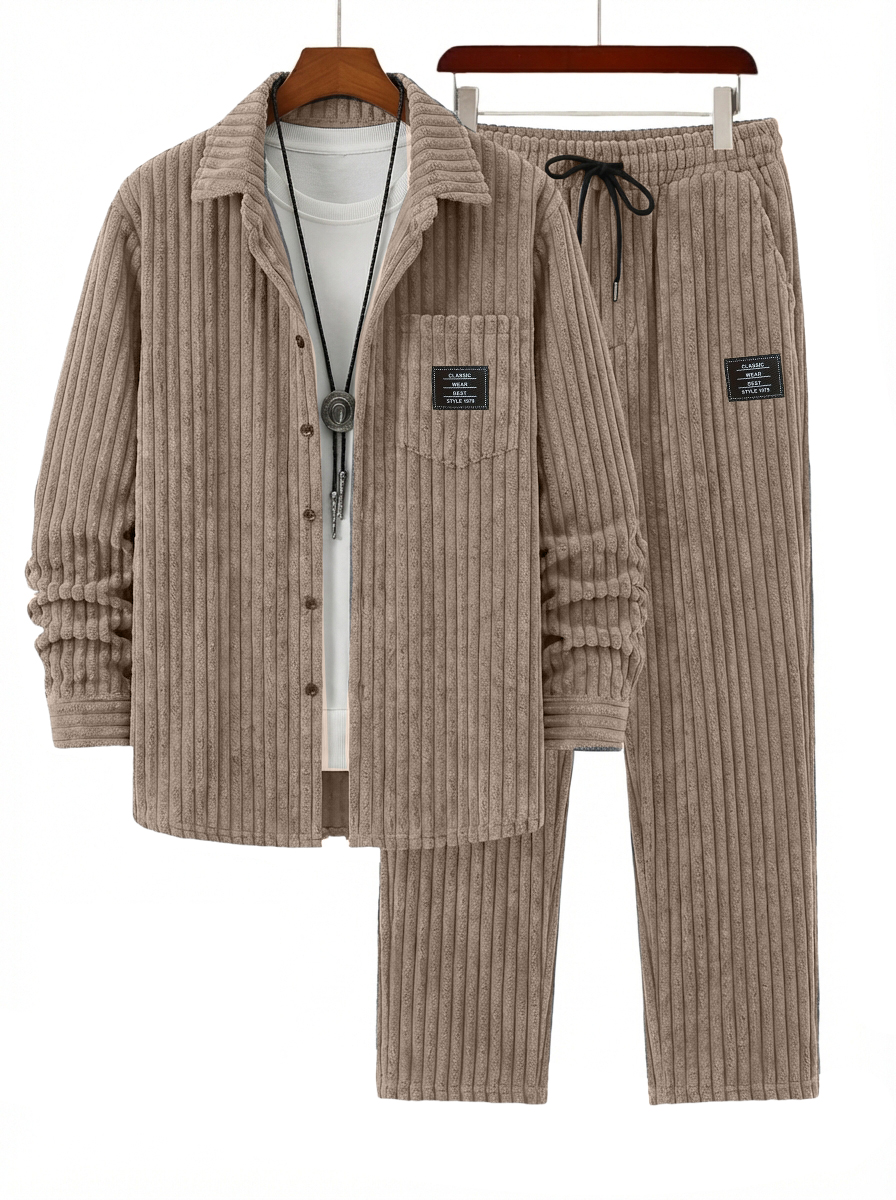 Men's Retro Corduroy Striped Shirt and Pants Set OOTD