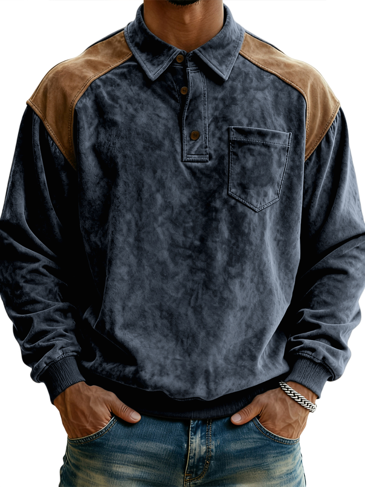 Men's Vintage Polo Sweatshirt with Contrast Suede Shoulders
