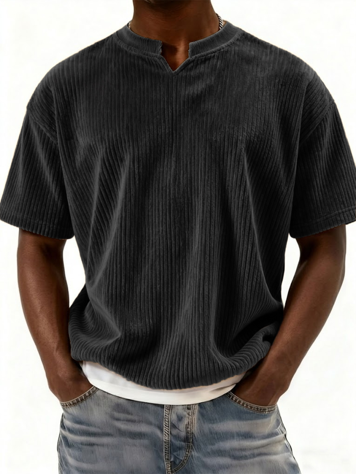 Retro Ribbed V-neck Casual Short-sleeved Top