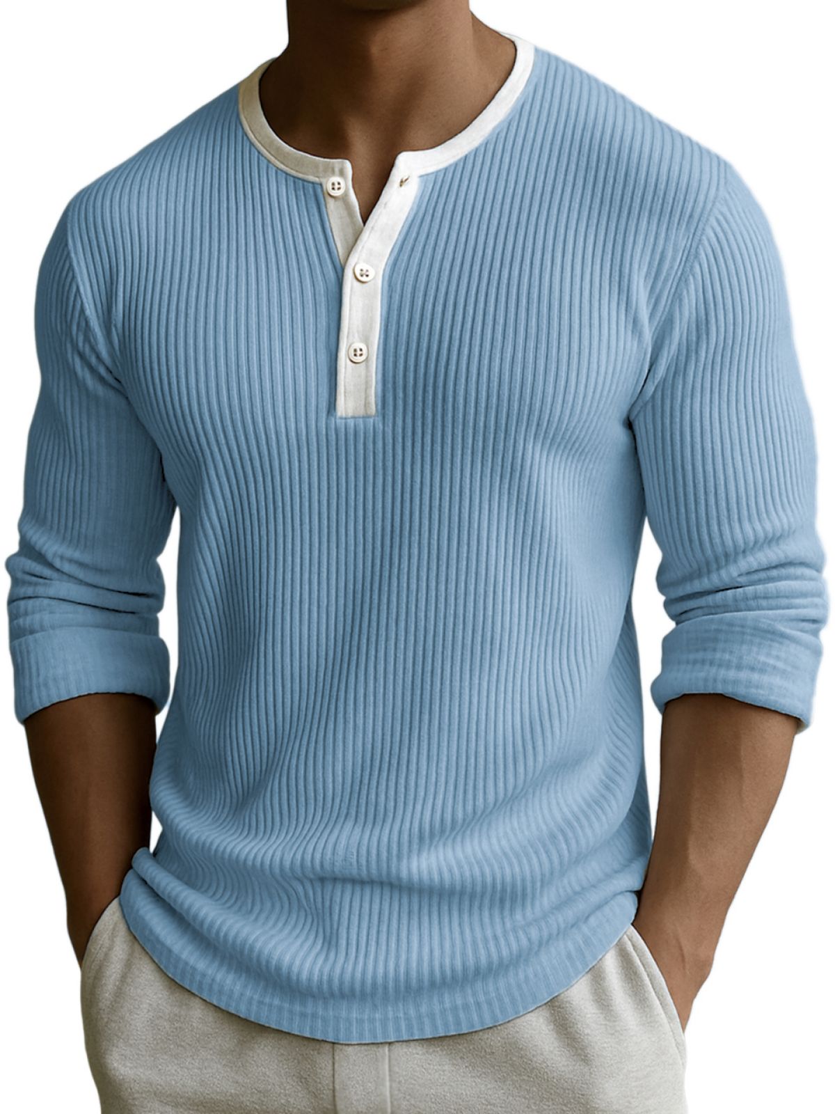 Men's Comfort Ribbed Texture Color-block Fittness Stylish Daily Henley Shirt