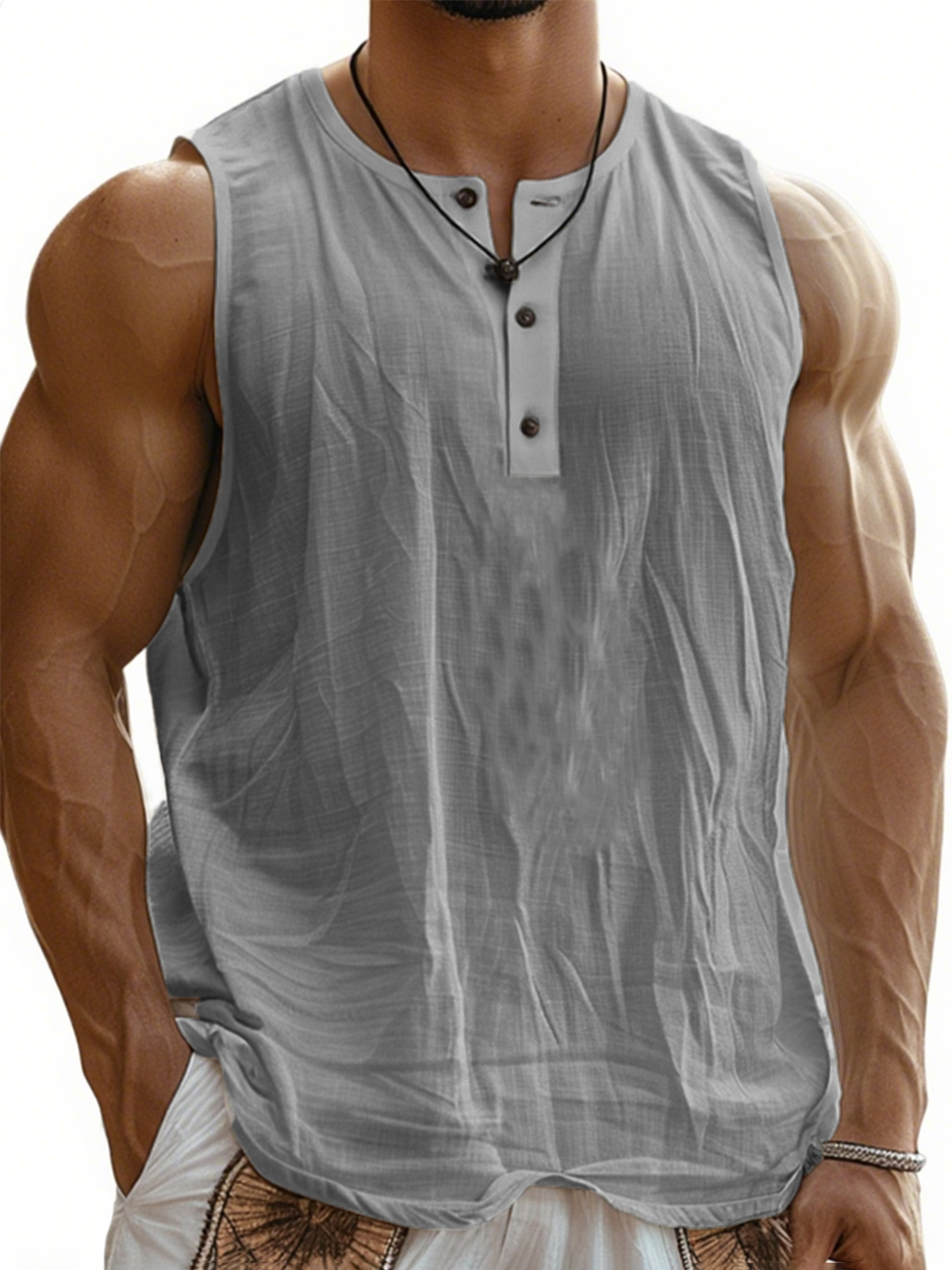 Men's Sleeveless Linen Bohemian Vest Henley T-Shirt