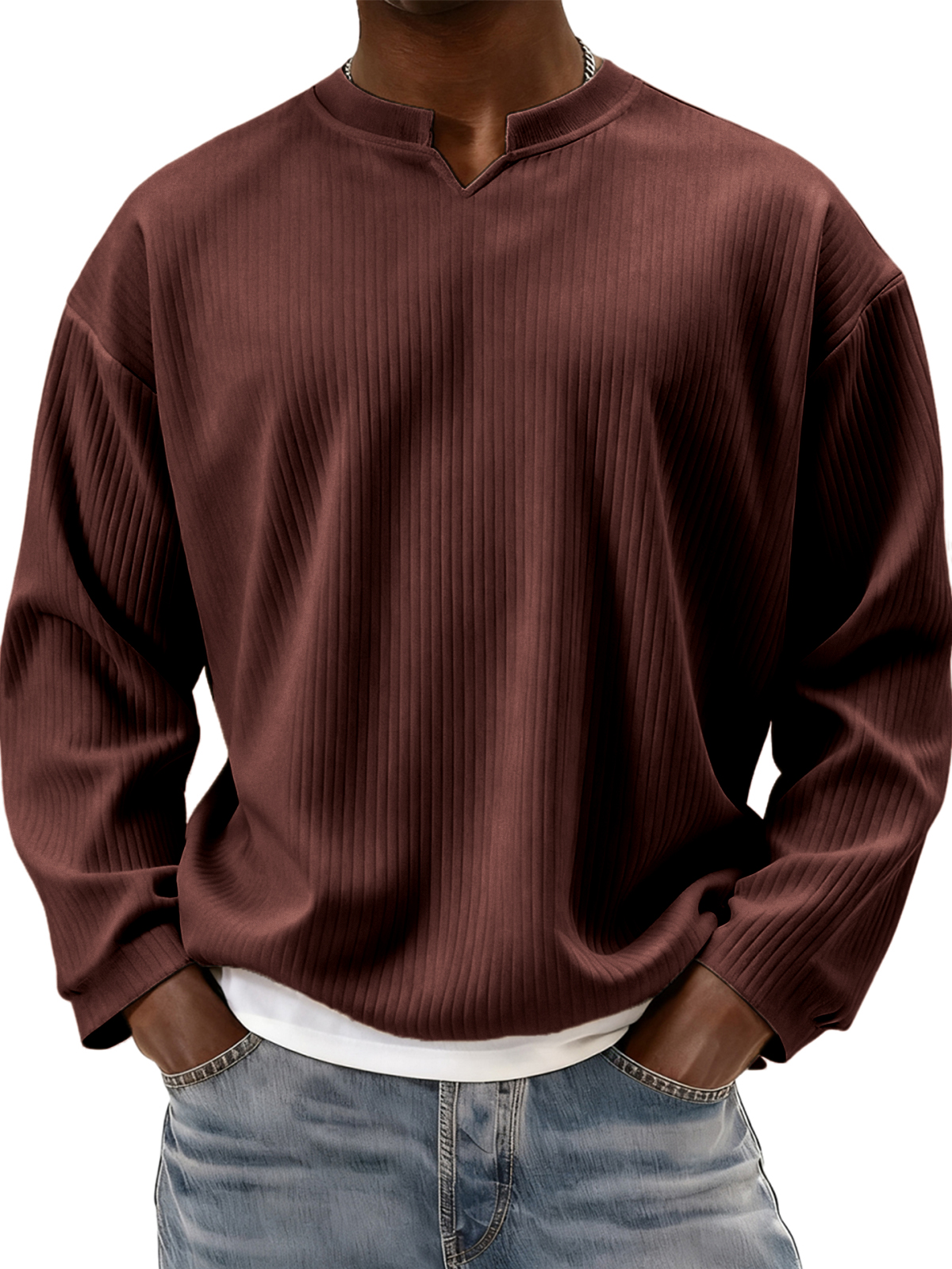 Stylish V-notch Neck Ribbed Textured Long-sleeved T-shirt